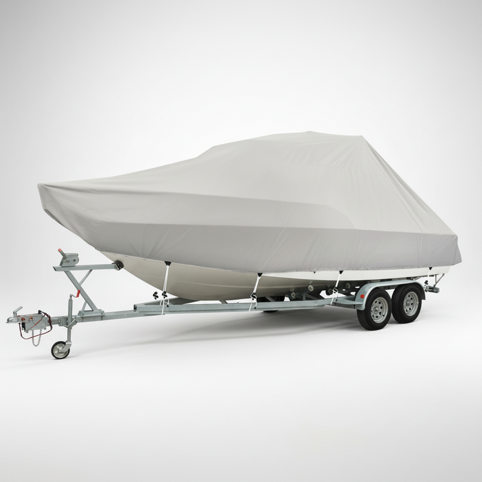 Telo Copribarca Oceansouth Jumbo, design universale per barche grandi con parabrezza e roll-bar, ideale per stoccaggio e trasporto su rimorchio.