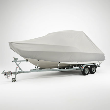 Telo copribarca Jumbo Oceansouth grigio montato su barca con T-Top ferma sul carrello | Onautica