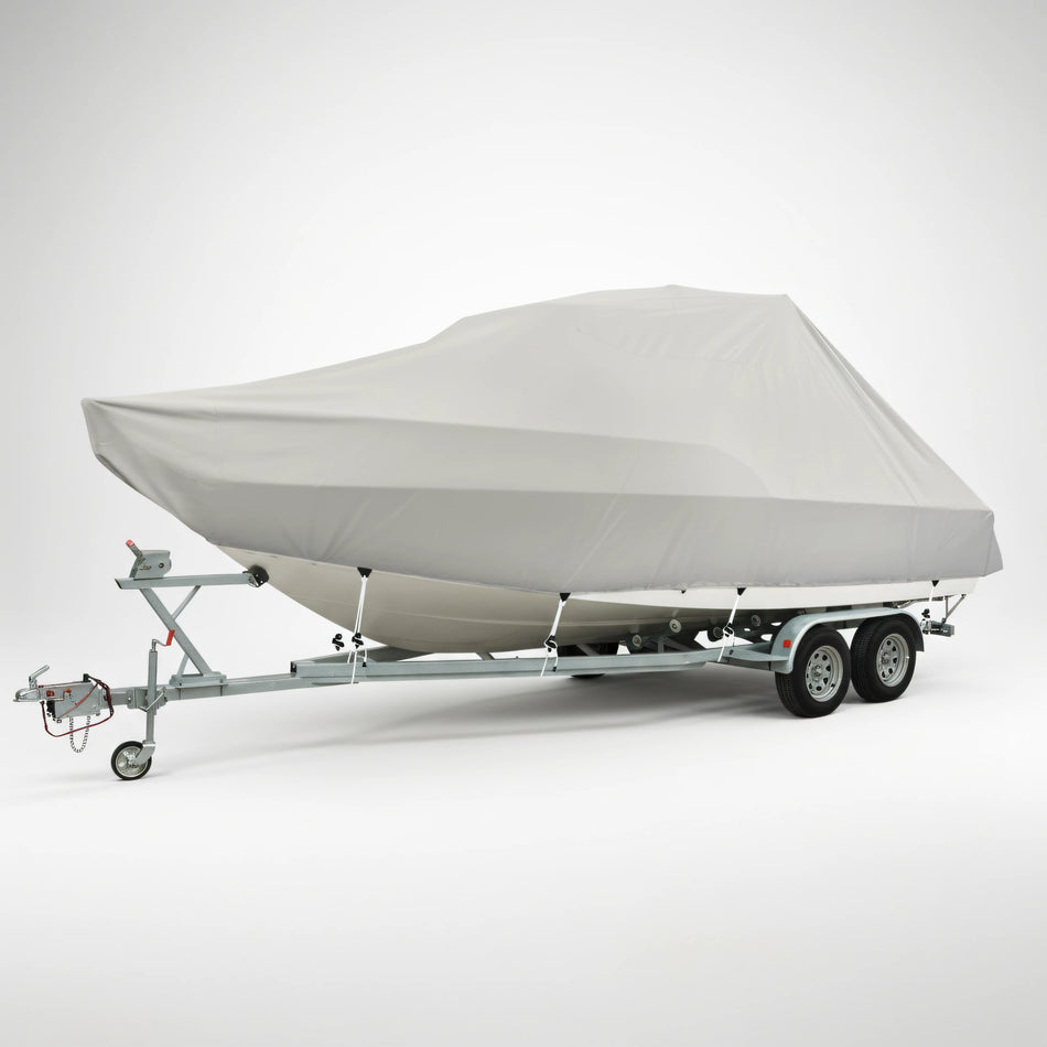 Telo copribarca Jumbo Oceansouth grigio montato su barca con T-Top ferma sul carrello | Onautica
