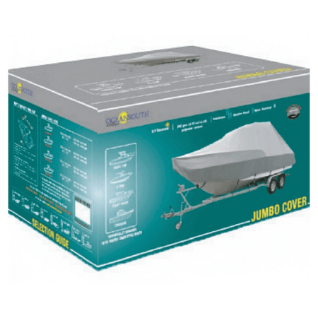 Telo Copribarca Oceansouth Jumbo, design universale per barche grandi con parabrezza e roll-bar, ideale per stoccaggio e trasporto su rimorchio. confezione