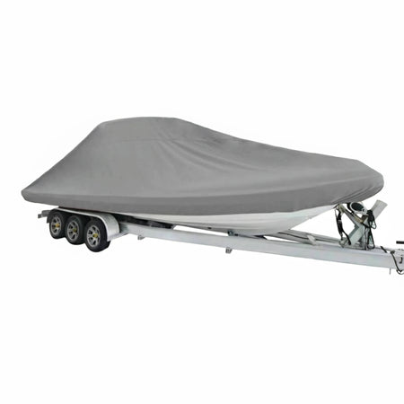 Telo copribarca Oceansouth Modello C grigio montato su gommone RIB con T-Top sul carrello | Onautica