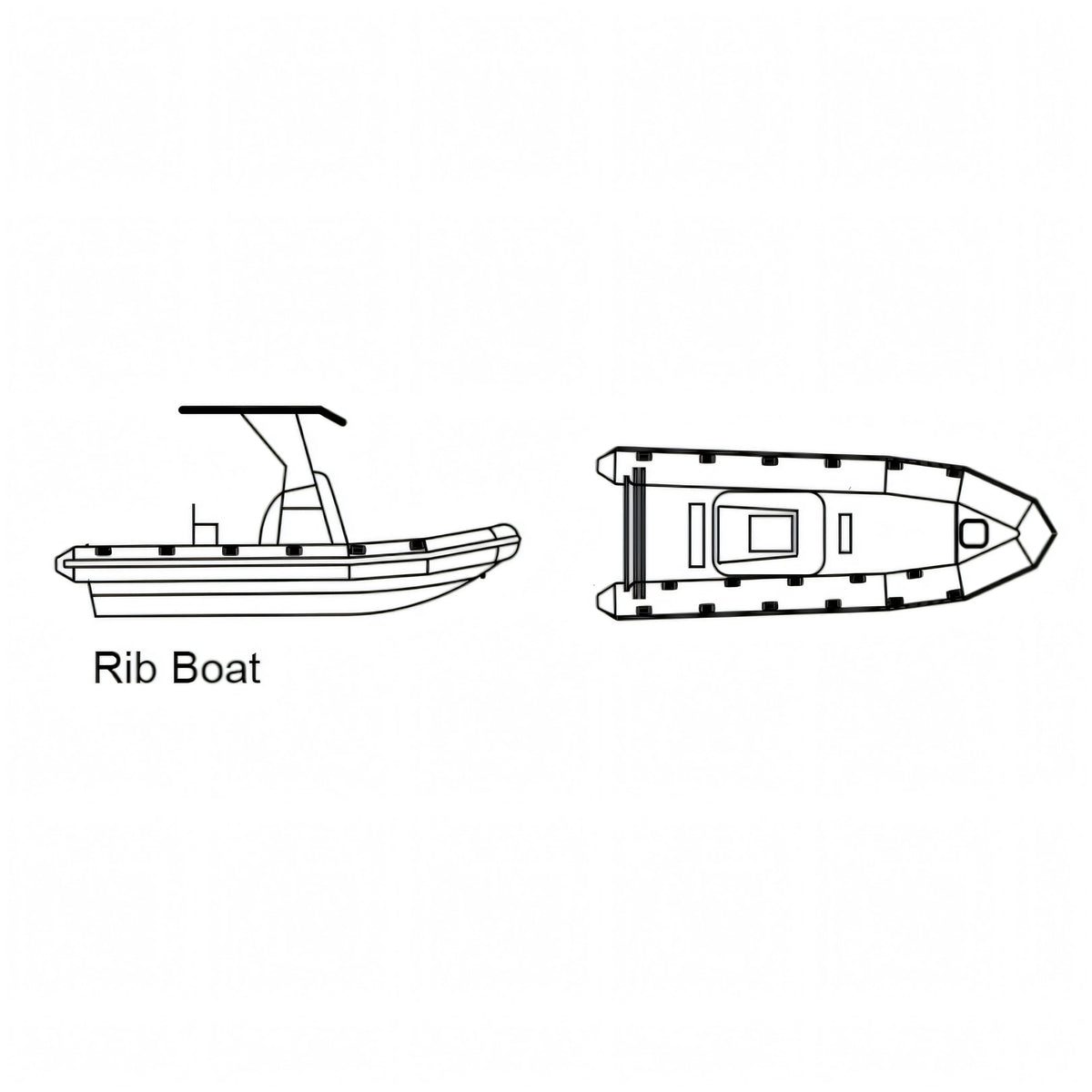 Disegno tecnico del gommone RIB con console e T-Top, vista laterale e dall'alto, per il telo Oceansouth Modello C | Onautica