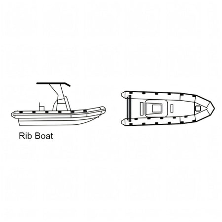 Disegno tecnico del gommone RIB con console e T-Top, vista laterale e dall'alto, per il telo Oceansouth Modello C | Onautica