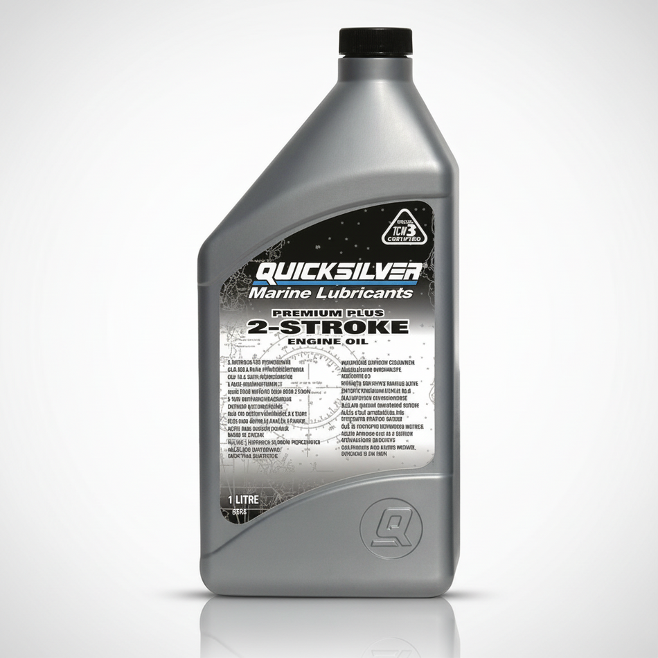 Olio miscela Quicksilver® Premium Plus TC-W3 per motori fuoribordo 2 tempi, formulato per condizioni estreme e alta potenza.