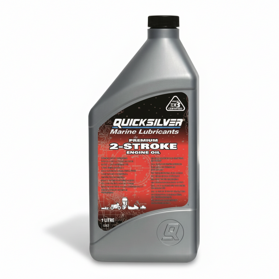 Olio miscela Quicksilver® Premium TC-W3 per motori fuoribordo 2 tempi raffreddati ad acqua e ad aria. 1 lt