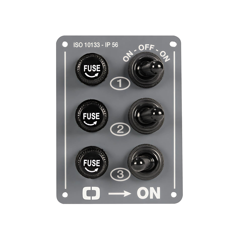 Pannello elettrico verticale in alluminio a 3 interruttori con grado di protezione IP56 per barca.