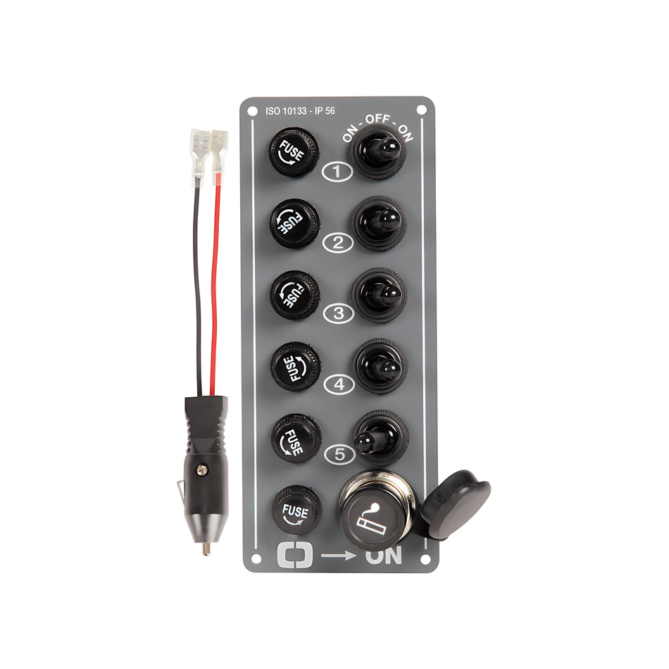 Pannello elettrico verticale in alluminio con 5 interruttori e presa accendisigari 12V IP56 per barca.