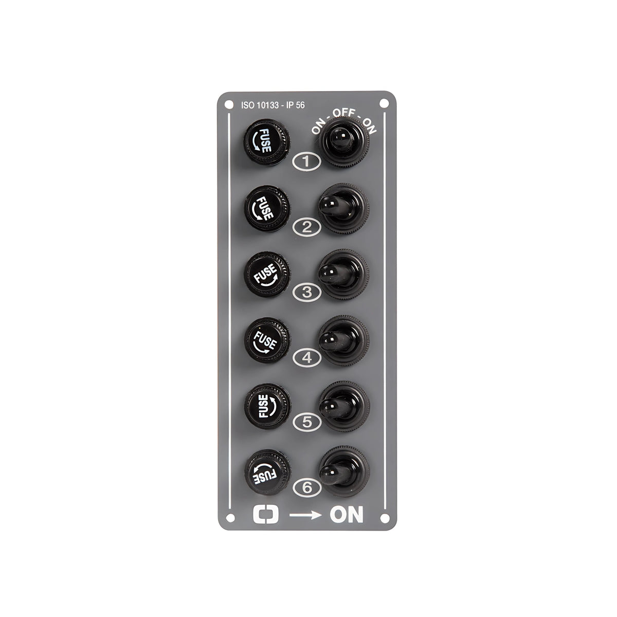 Pannello elettrico verticale in alluminio a 6 interruttori IP56 per plancia barca.