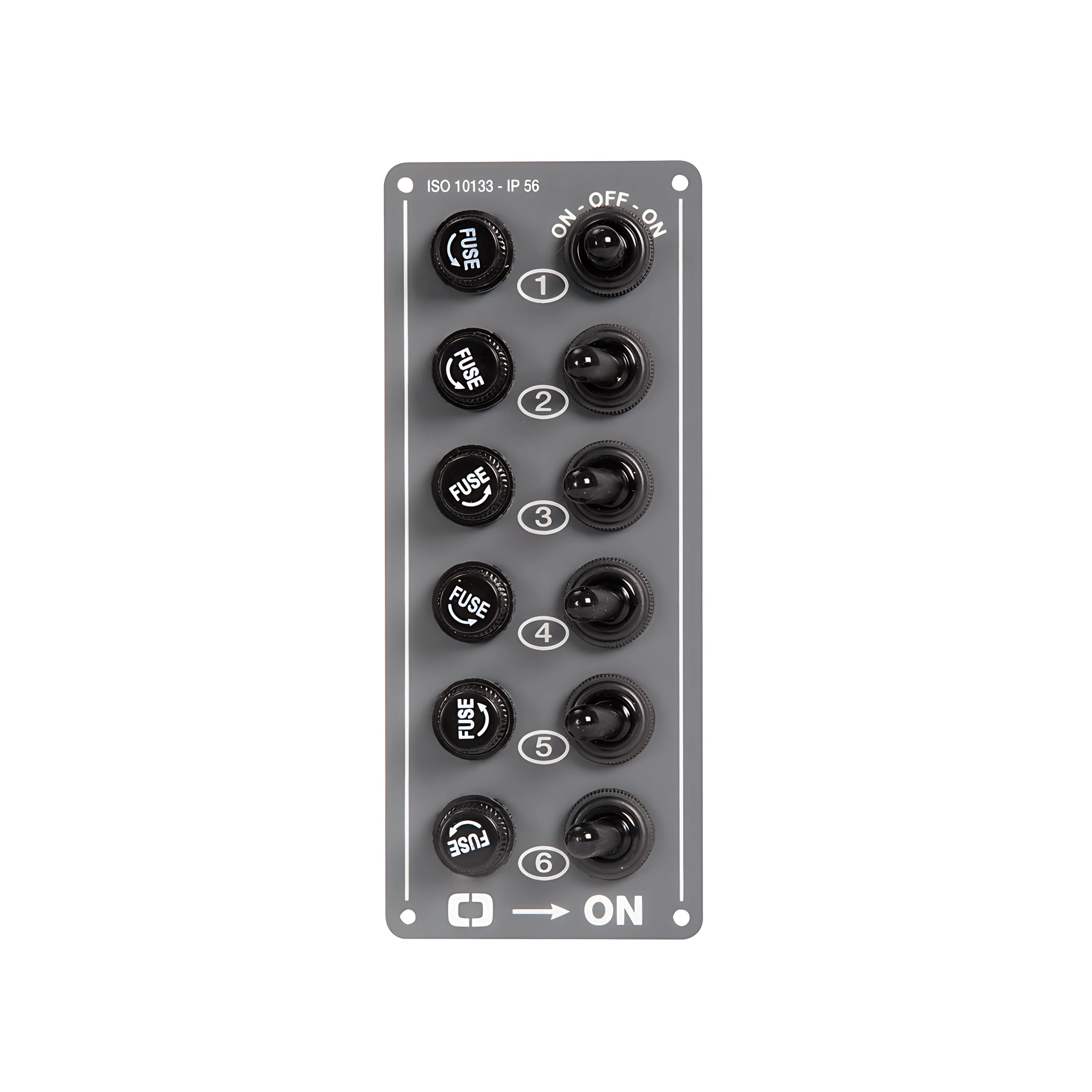 Pannello elettrico verticale in alluminio a 6 interruttori IP56 per plancia barca.