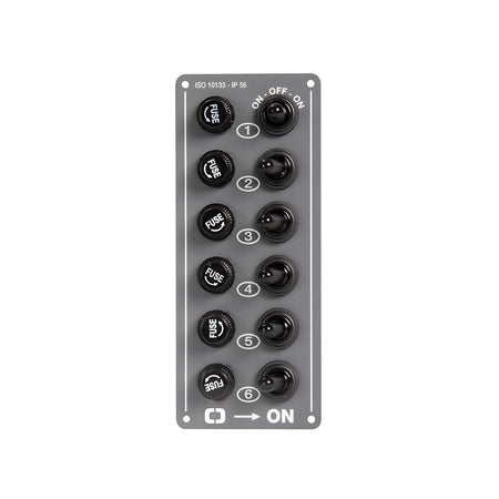 Pannello elettrico verticale in alluminio a 6 interruttori IP56 per plancia barca.