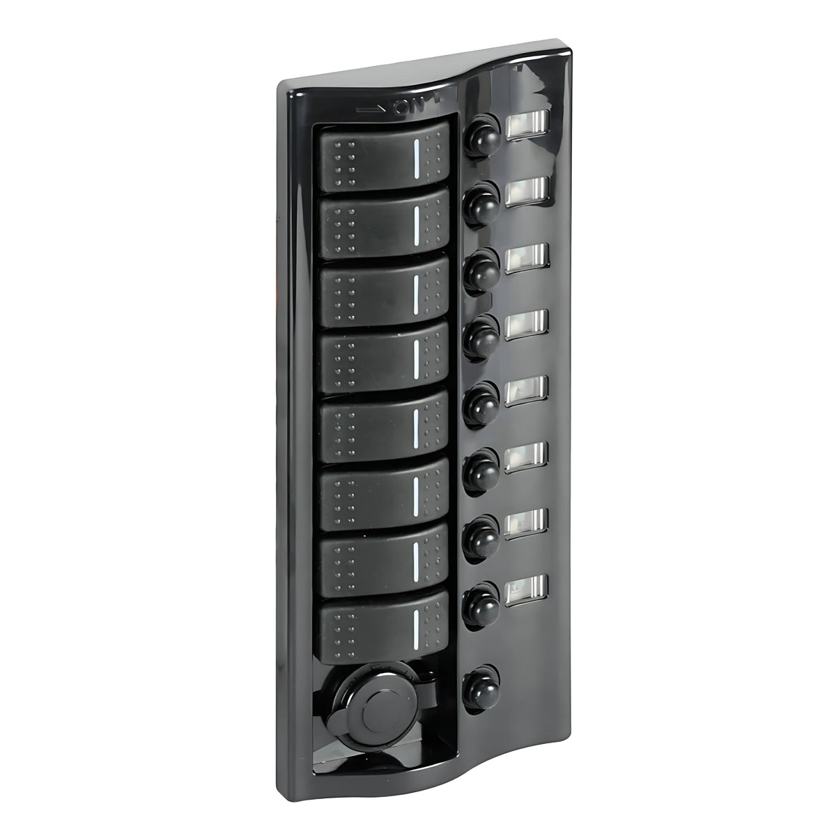 Pannello elettrico per barca finitura grafite lucido con 8 interruttori carenati luminosi, fusibili riarmabili e presa 12V.