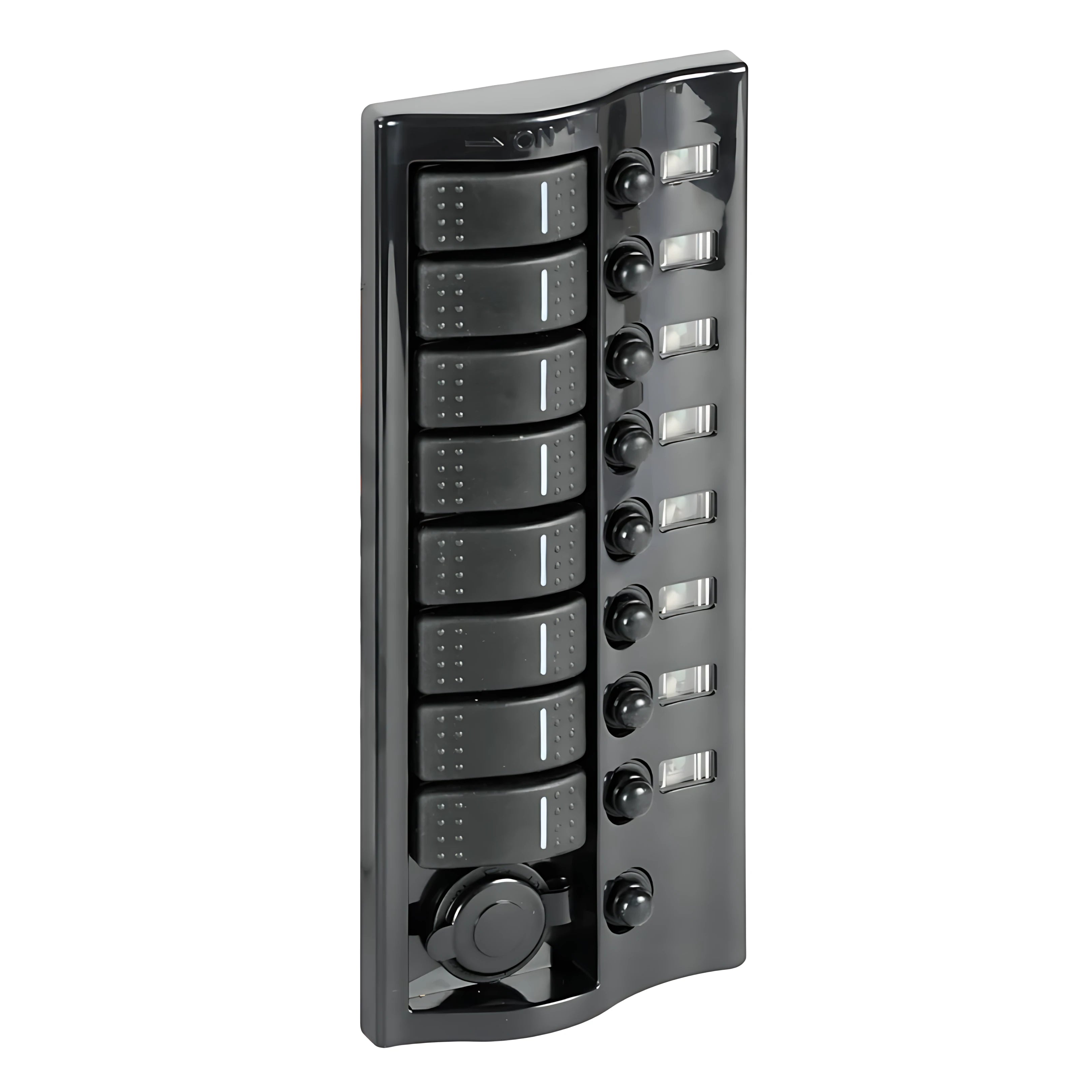 Pannello elettrico per barca finitura grafite lucido con 8 interruttori carenati luminosi, fusibili riarmabili e presa 12V.