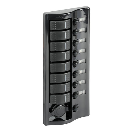 Pannello elettrico per barca finitura grafite lucido con 8 interruttori carenati luminosi, fusibili riarmabili e presa 12V.