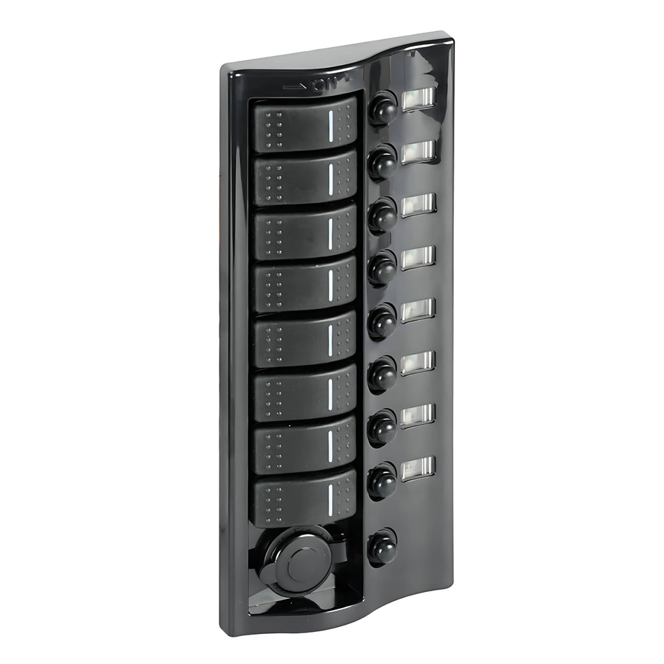 Pannello elettrico per barca finitura grafite lucido con 8 interruttori carenati luminosi, fusibili riarmabili e presa 12V.