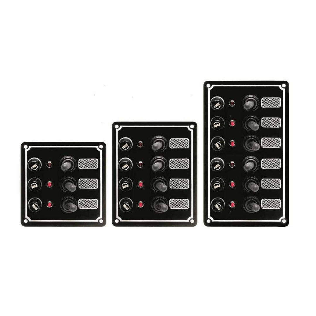 Pannello elettrico nautico Classic in alluminio con interruttori a leva impermeabili, portafusibili e spie LED di stato.