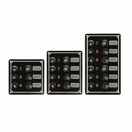 Pannello elettrico nautico Classic in alluminio con interruttori a leva impermeabili, portafusibili e spie LED di stato.