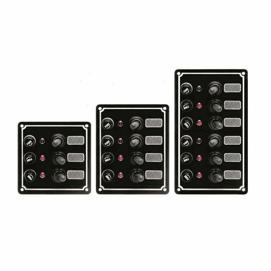 Pannello elettrico nautico Classic in alluminio con interruttori a leva impermeabili, portafusibili e spie LED di stato.