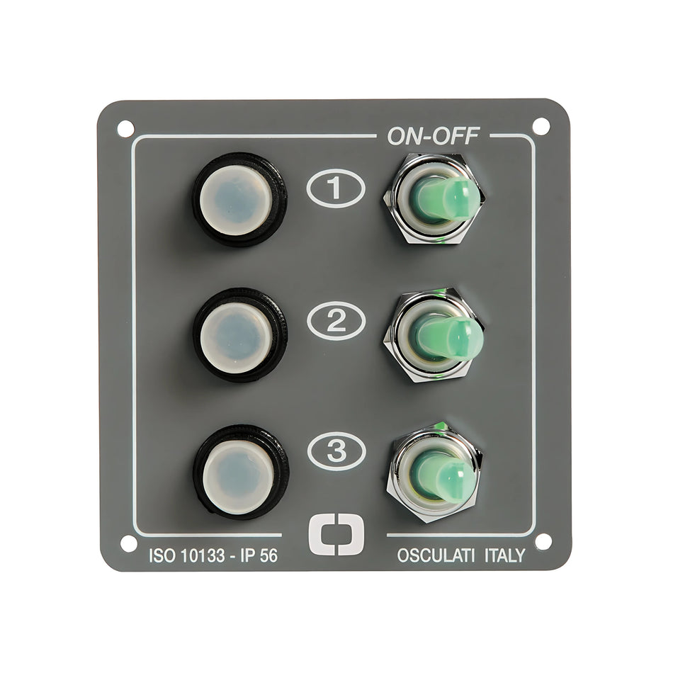 Pannello elettrico Elite in alluminio a 3 interruttori luminosi con fusibili riarmabili per barca.