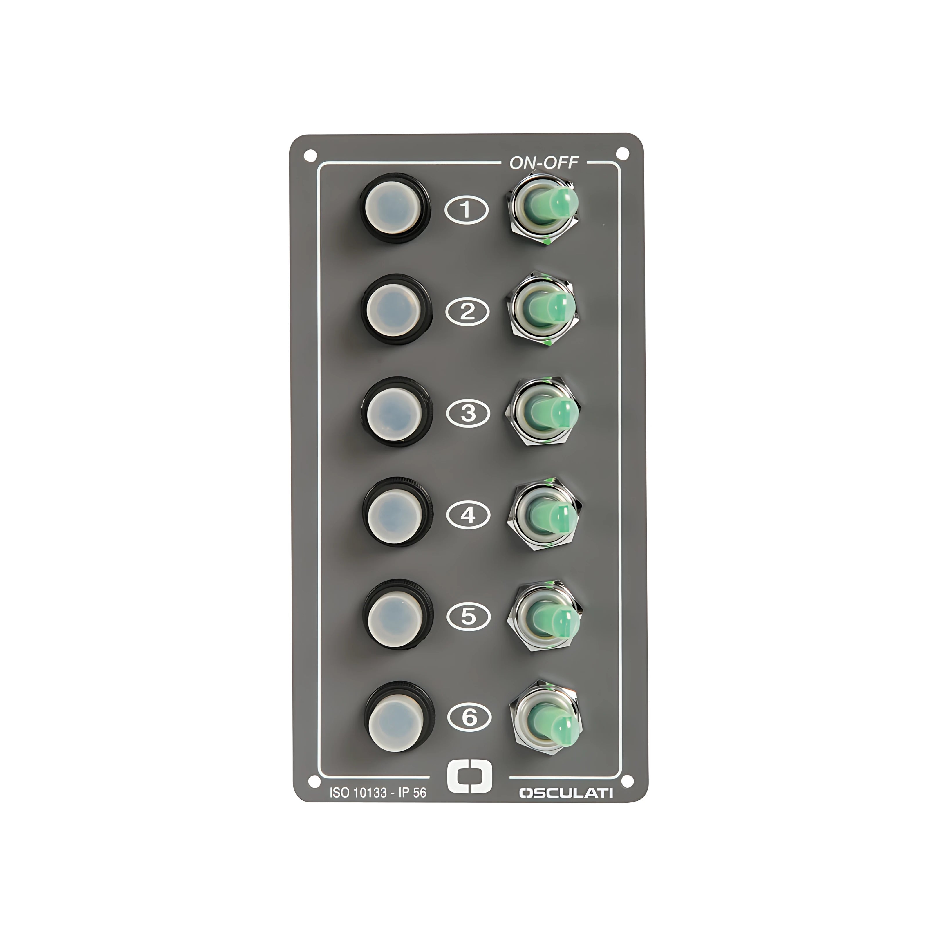 Pannello elettrico Elite in alluminio a 6 interruttori luminosi con fusibili riarmabili per plancia barca.