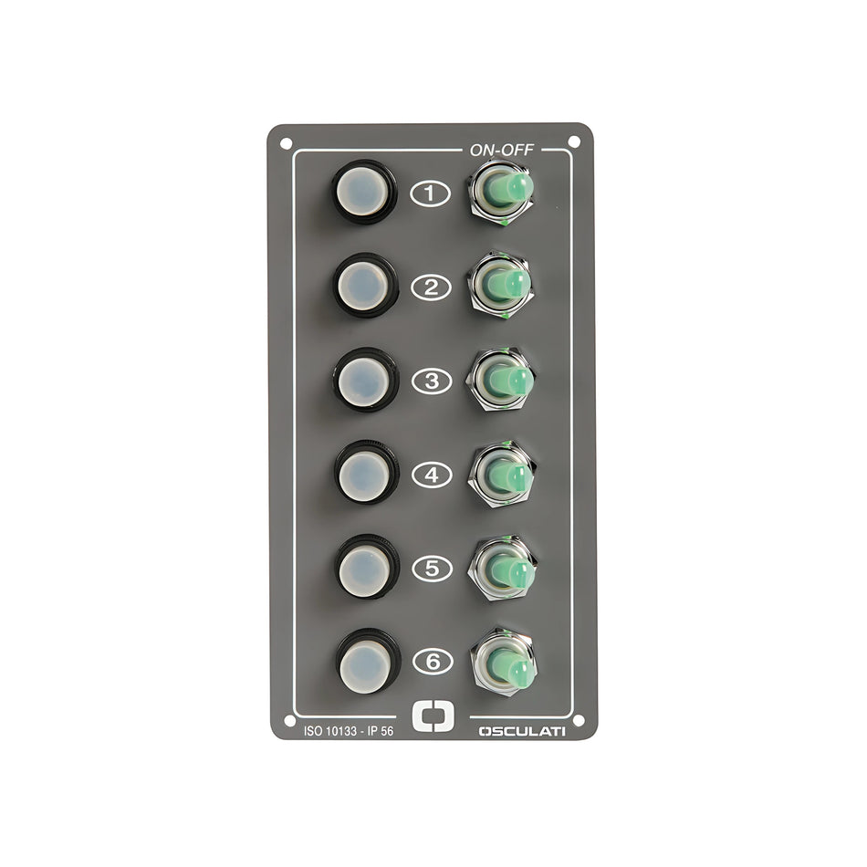 Pannello elettrico Elite in alluminio a 6 interruttori luminosi con fusibili riarmabili per plancia barca.
