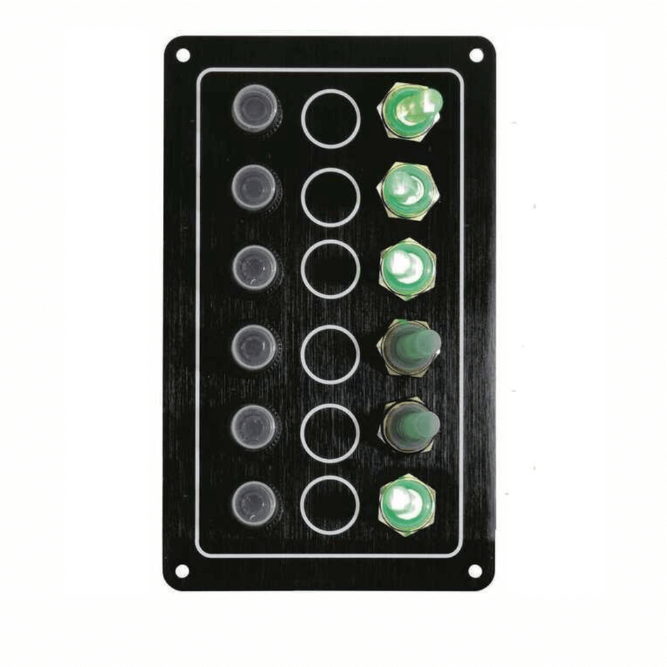 Pannello elettrico nautico Ghost 12V in alluminio anodizzato nero con interruttori a leva impermeabili e fusibili riarmabili.