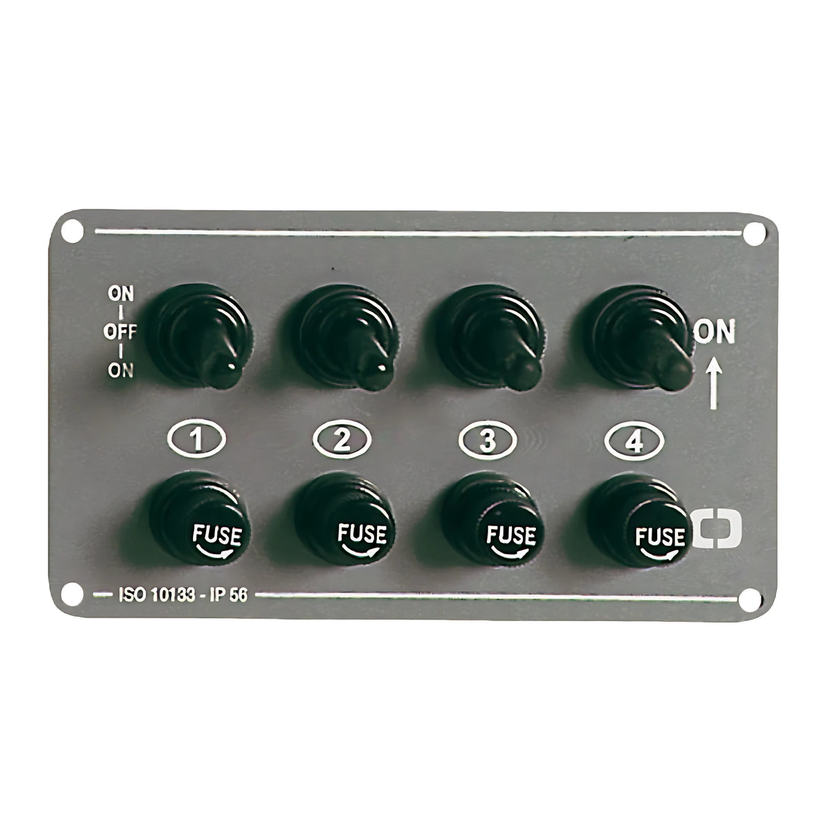 Pannello elettrico orizzontale in alluminio anodizzato grigio con 4 interruttori stagni IP56 per barca.