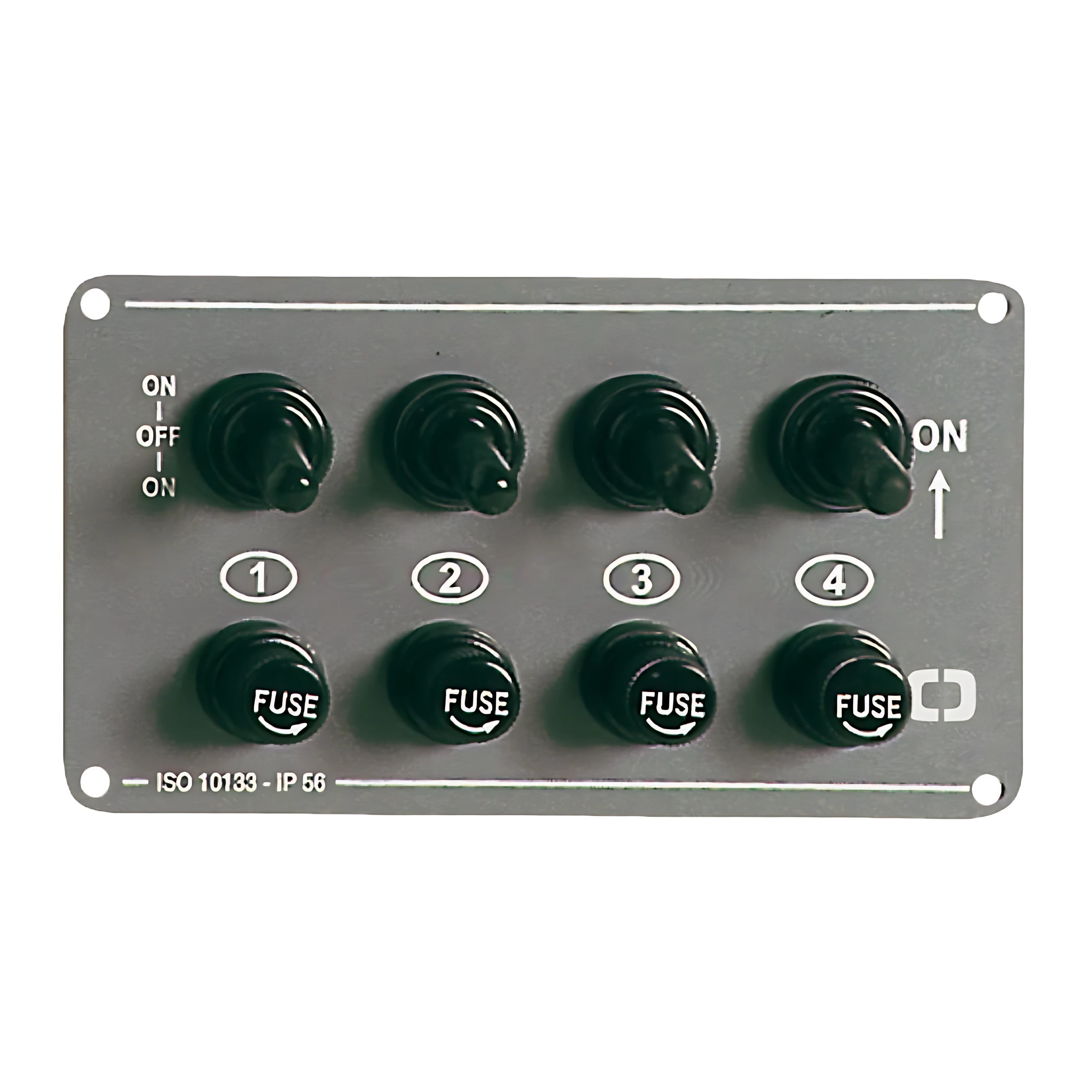 Pannello elettrico orizzontale in alluminio anodizzato grigio con 4 interruttori stagni IP56 per barca.