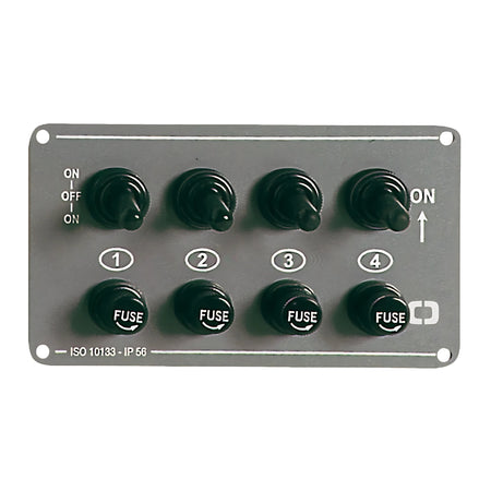 Pannello elettrico orizzontale in alluminio anodizzato grigio con 4 interruttori stagni IP56 per barca.