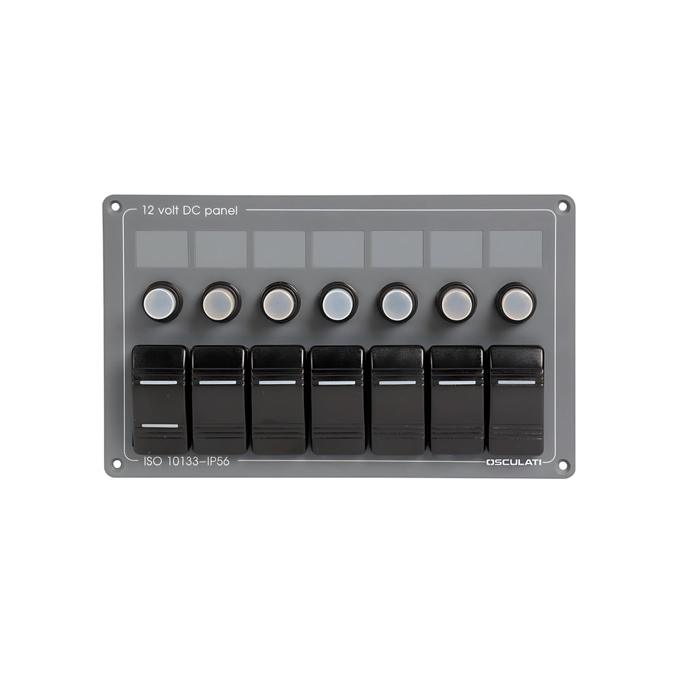 Pannello elettrico orizzontale a 7 interruttori a bascula stagni con frontale in policarbonato grigio per barca.