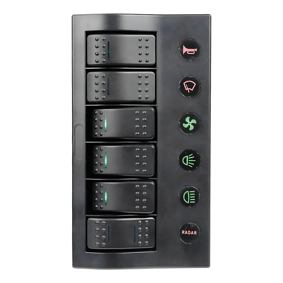 Pannello elettrico PCP Compact nero in policarbonato con 6 interruttori a bascula, LED e circuit breaker riarmabili IP66 per barca.