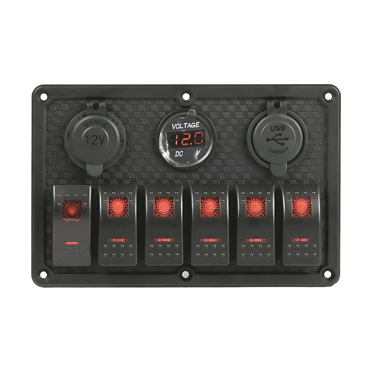 Pannello elettrico nautico Redtech in polimero impermeabile IP65 con interruttori basculanti a LED rossi, prese USB, 12V e voltmetro.