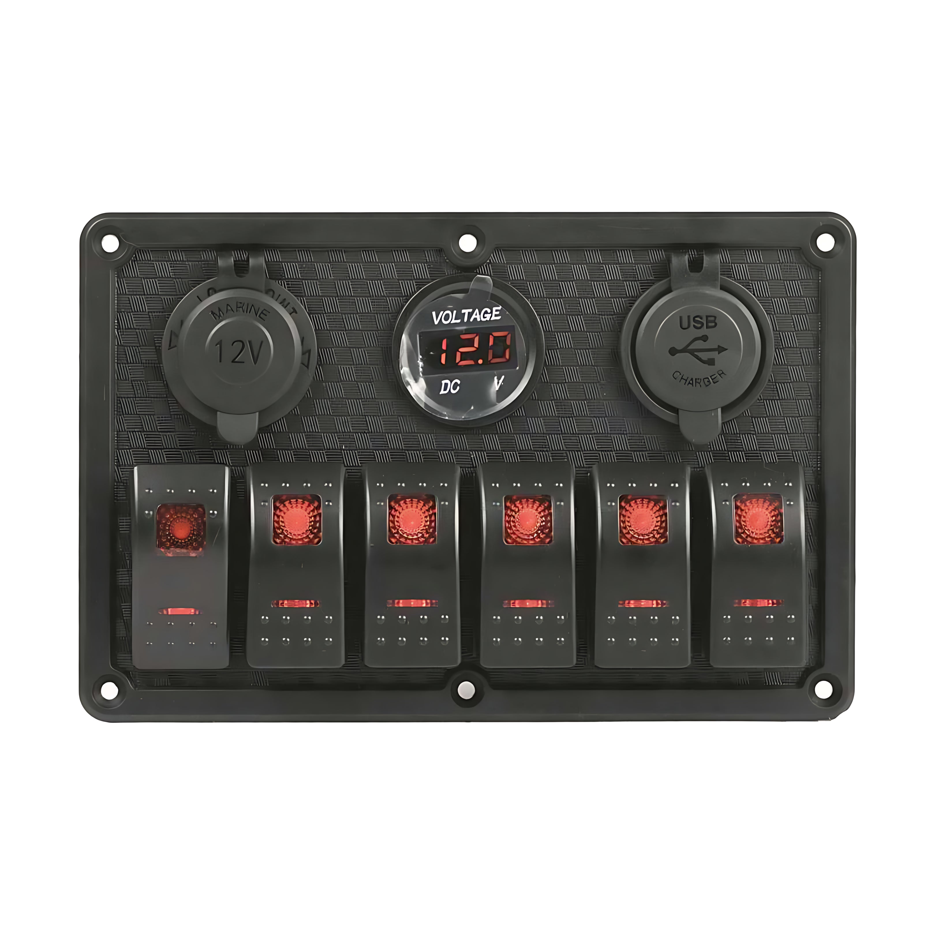 Pannello elettrico nautico Redtech in polimero impermeabile IP65 con interruttori basculanti a LED rossi, prese USB, 12V e voltmetro.