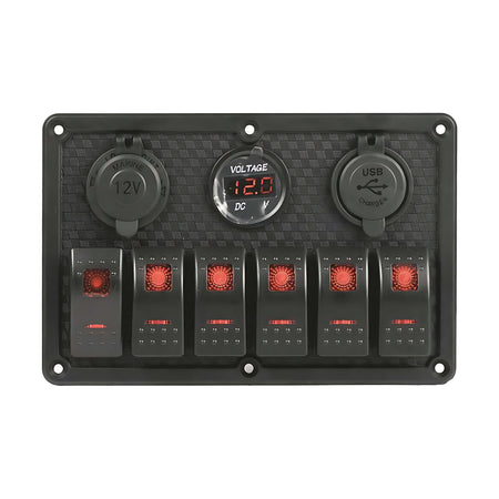 Pannello elettrico nautico Redtech in polimero impermeabile IP65 con interruttori basculanti a LED rossi, prese USB, 12V e voltmetro.