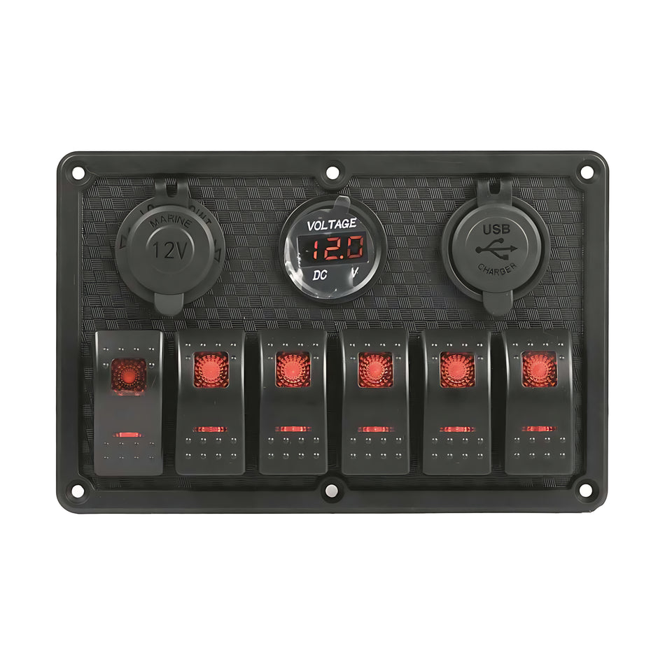 Pannello elettrico nautico Redtech in polimero impermeabile IP65 con interruttori basculanti a LED rossi, prese USB, 12V e voltmetro.
