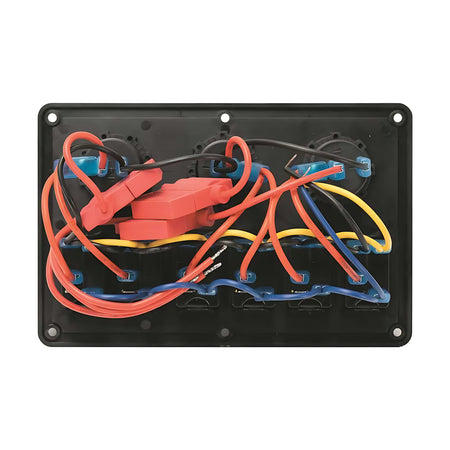 Pannello elettrico nautico Redtech in polimero impermeabile IP65 con interruttori basculanti a LED rossi, prese USB, 12V e voltmetro.
