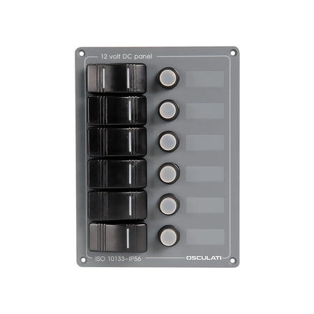 Pannello elettrico verticale a 6 interruttori a bascula stagni con frontale in policarbonato grigio per barca.