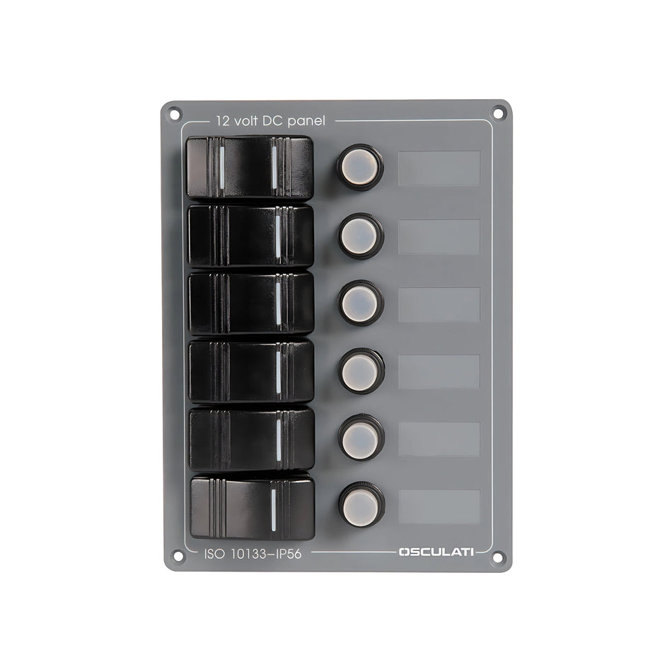 Pannello elettrico verticale a 6 interruttori a bascula stagni con frontale in policarbonato grigio per barca.