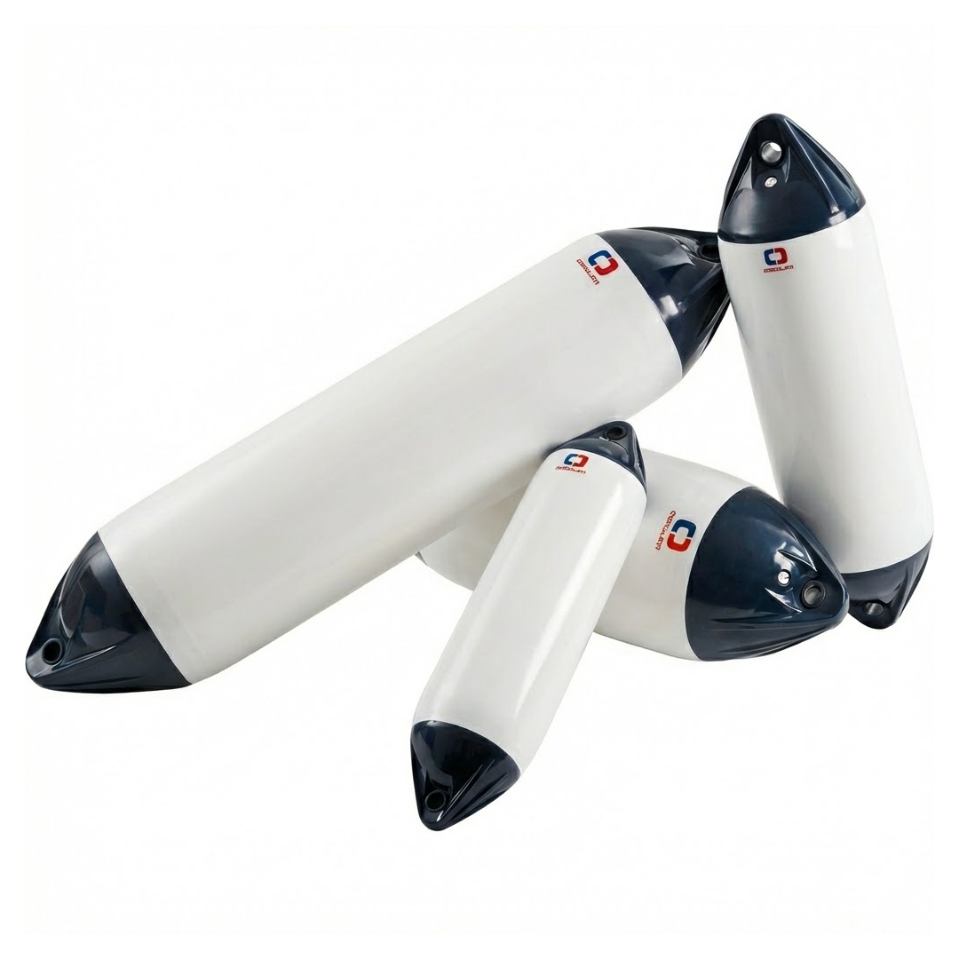 Parabordo nautico serie Heavy Duty in PVC morbido bianco con testa blu, resistente e durevole.