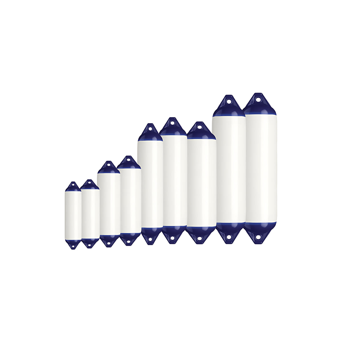 Parabordo Dockside FD Smooth 610 x 150 mm corpo bianco testa blu per ormeggi su pali e banchine in cemento