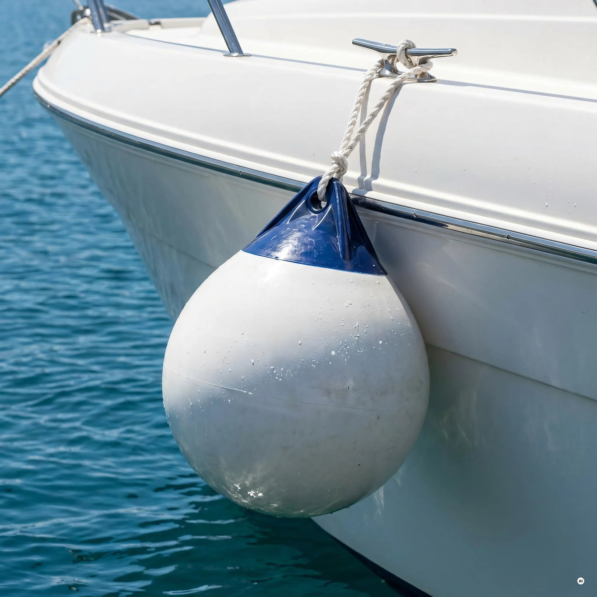 Parabordo sferico Heavy Duty corpo bianco testa blu appeso con cima alla murata di una barca sul mare | Onautica
