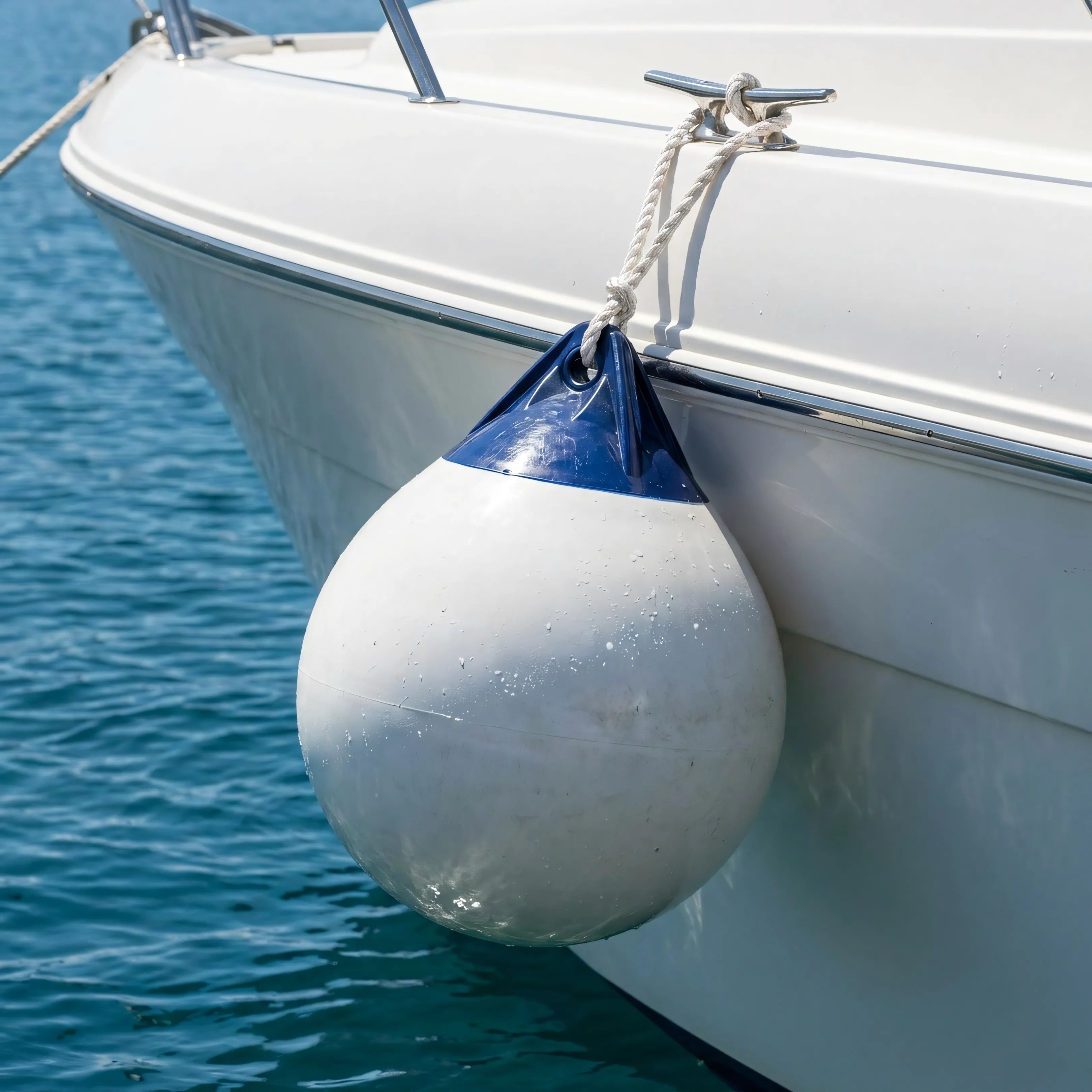 Parabordo sferico Heavy Duty corpo bianco testa blu appeso con cima alla murata di una barca sul mare | Onautica
