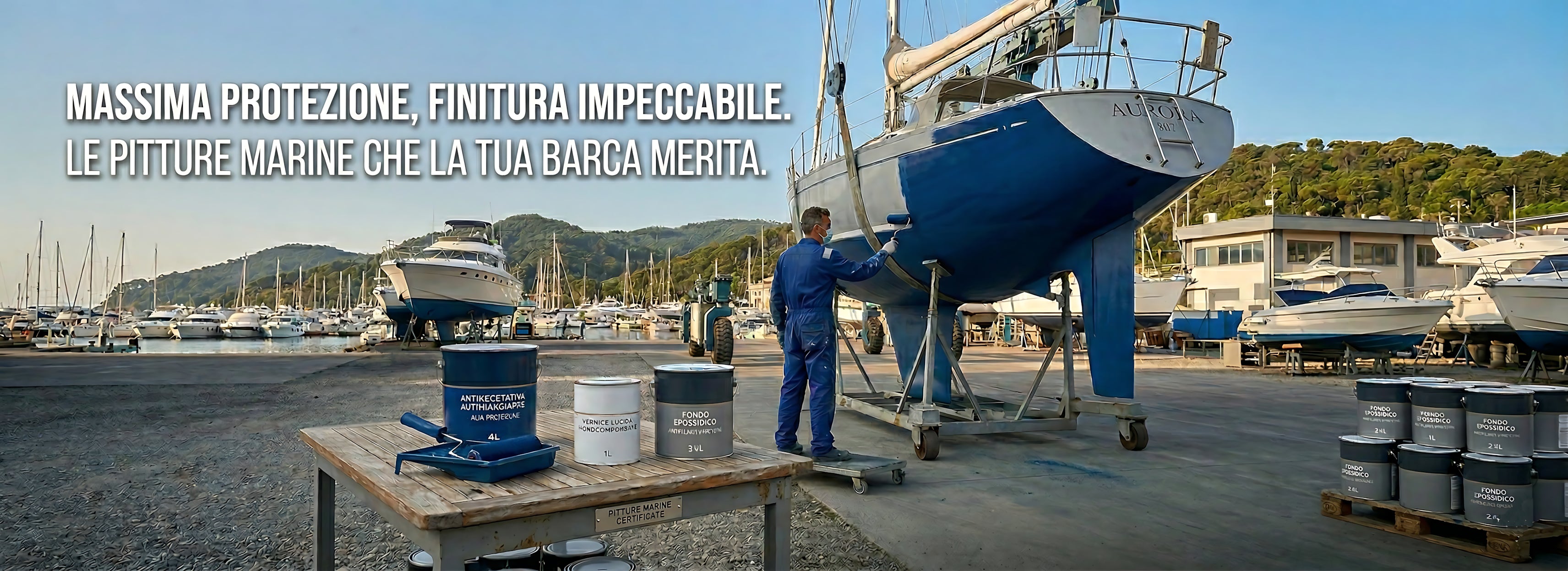 Una fotografia professionale scattata in un cantiere nautico che mostra un operaio che applica pittura marina antivegetativa blu sullo scafo di una barca a vela chiamata 'AURORA' sollevata su un invaso. In primo piano, su un tavolo di legno, sono esposti barattoli di vernice per barche con etichette chiare in italiano: 'ANTIVEGETATIVA AUTOPULLENTE - ALTA PROTEZIONE' da 4L, 'VERNICE LUCIDA MONOCOMPONENTE' da 1L, 'FONDO EPOSSIDICO - PROTETTIVO ANTIRUGGINE' da 2.5L, e un rullino con vassoio. Il banner testuale