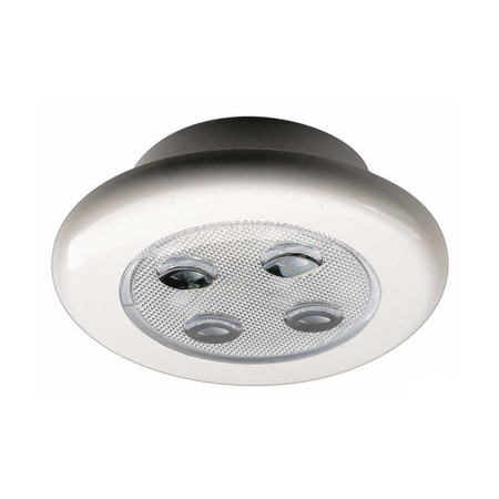 Plafoniera LED da incasso tonda Compact 2R, corpo in plastica bianca, luce calda per interni barca.