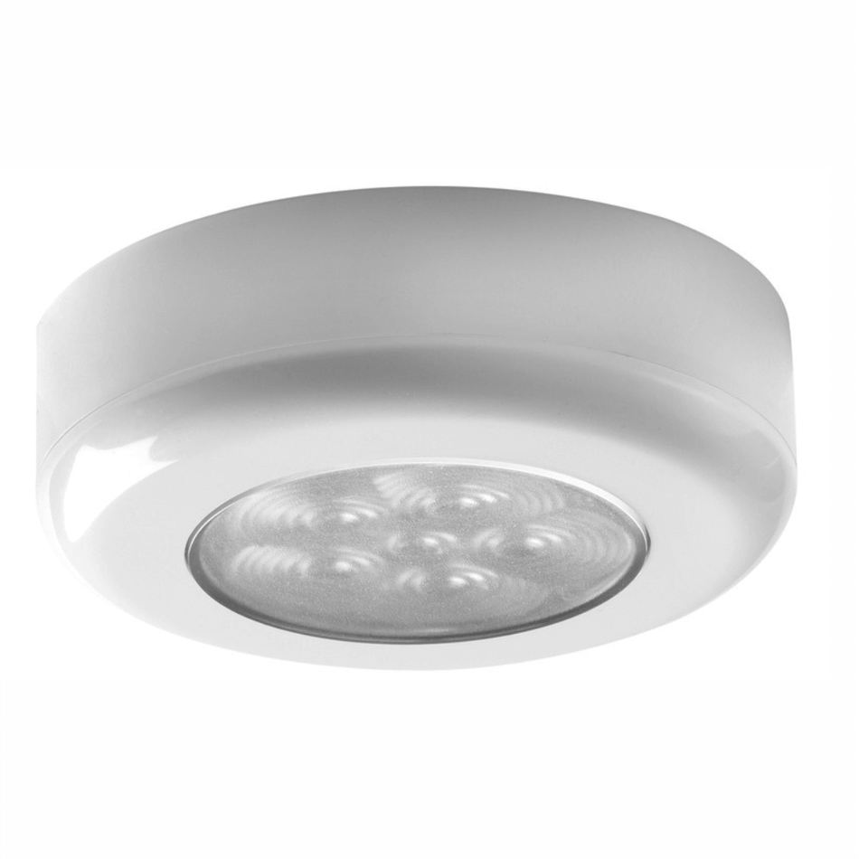 Plafoniera LED nautica bianca IP67 con ghiera per montaggio esterno o a incasso, luce calda diffusa.