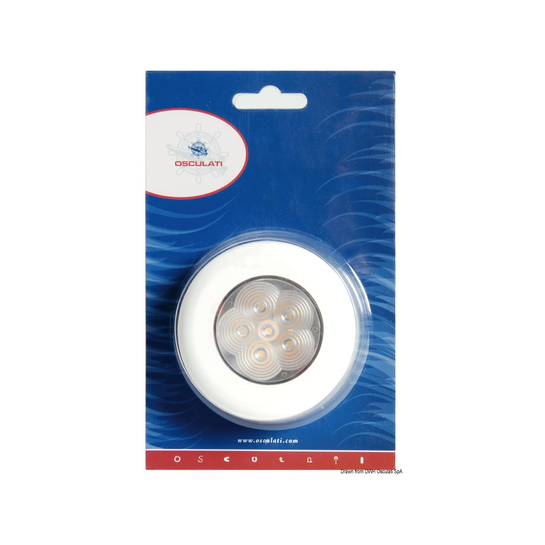 Plafoniera LED nautica bianca IP67 con ghiera per montaggio esterno o a incasso, luce calda diffusa. blister