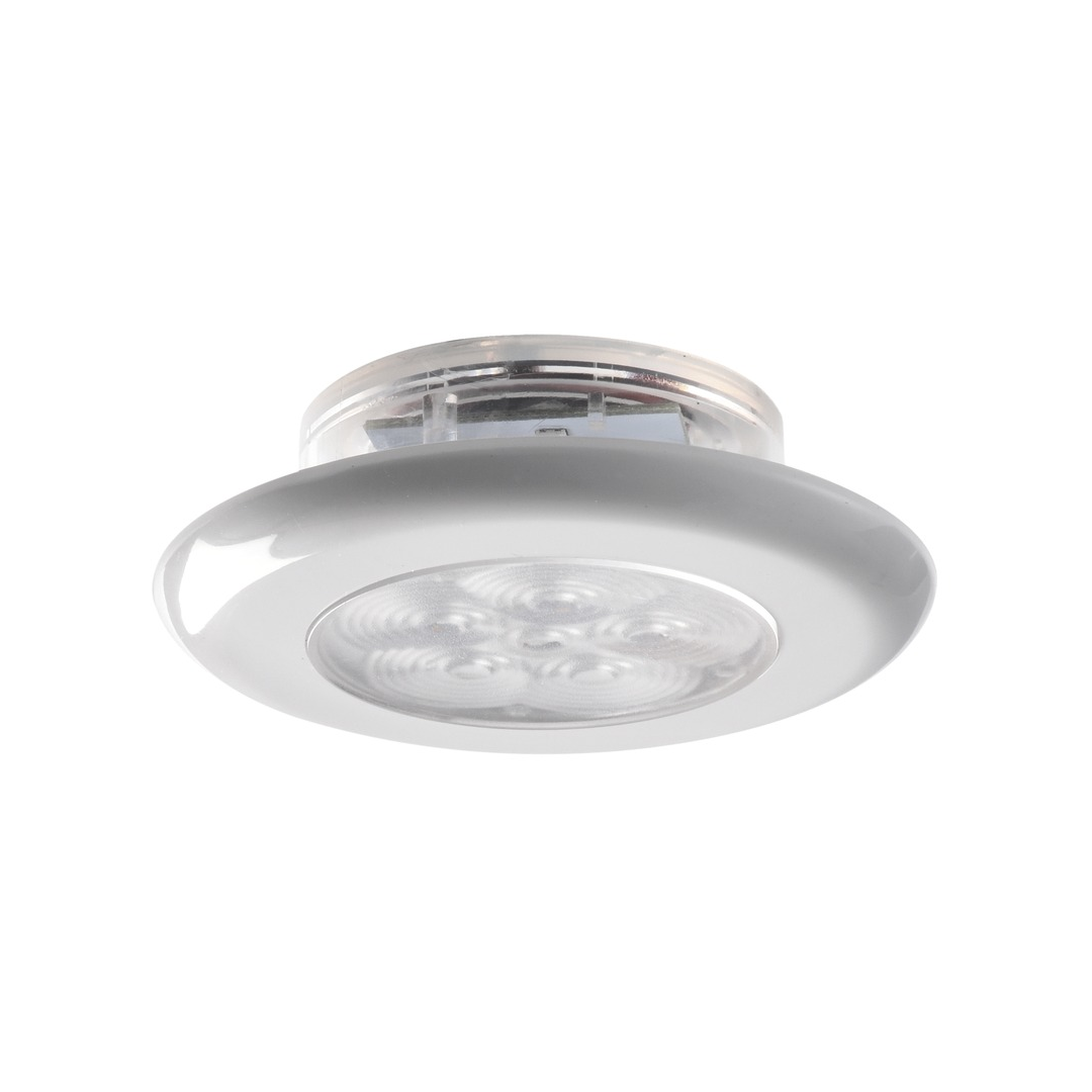 Plafoniera LED nautica bianca IP67 con ghiera per montaggio esterno o a incasso, luce calda diffusa. senza cover