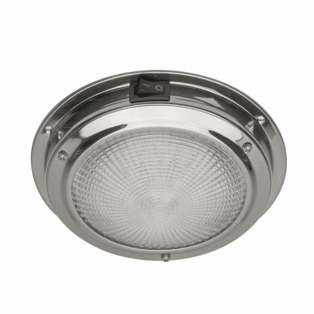 Plafoniera LED classica rotonda con corpo in acciaio inox e interruttore a levetta integrato, luce bianca fredda.