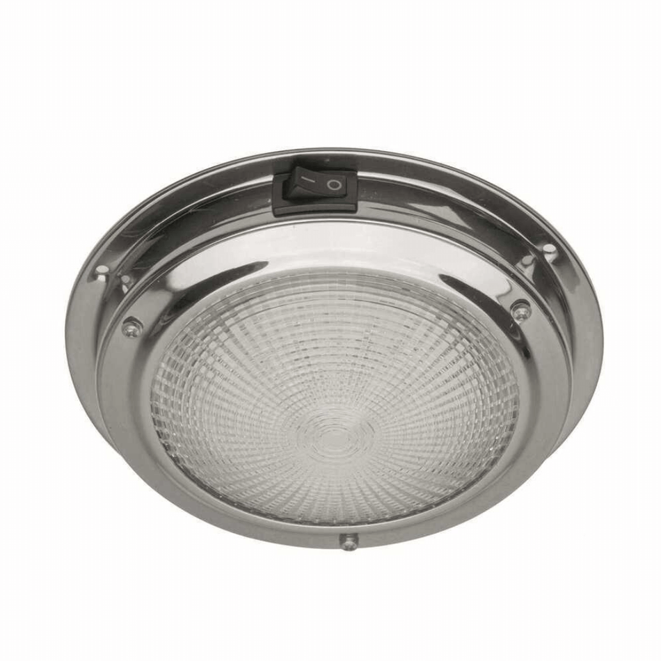 Plafoniera LED classica rotonda con corpo in acciaio inox e interruttore a levetta integrato, luce bianca fredda.