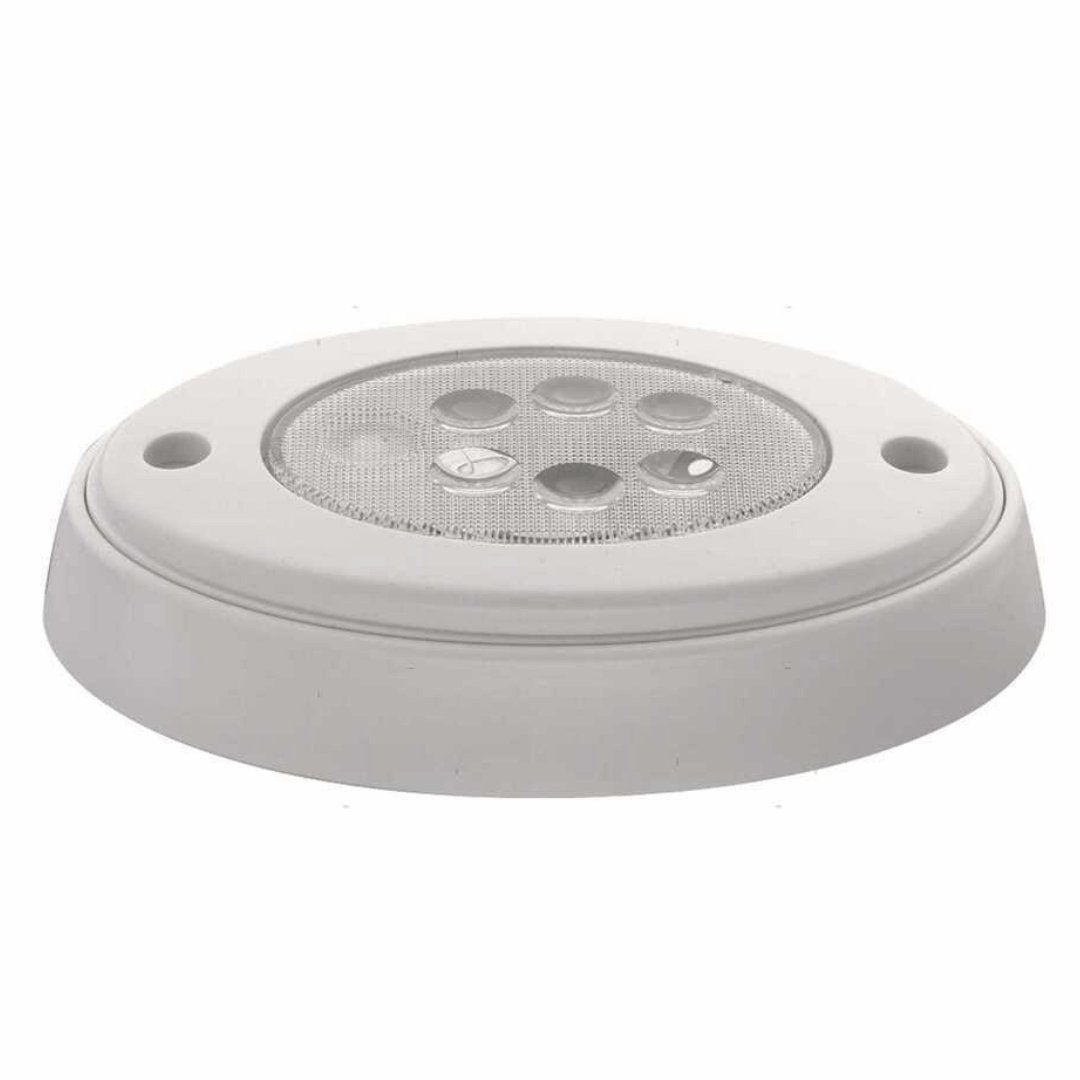 Plafoniera LED rettangolare con corpo in plastica bianca, ideale per illuminazione interni barca a luce calda.