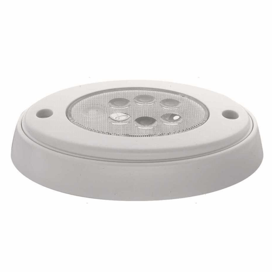 Plafoniera LED rettangolare con corpo in plastica bianca, ideale per illuminazione interni barca a luce calda.